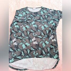 LuLaRoe Black and Teal Butterfly Print Short Sleeve Top.  Buttersoft.